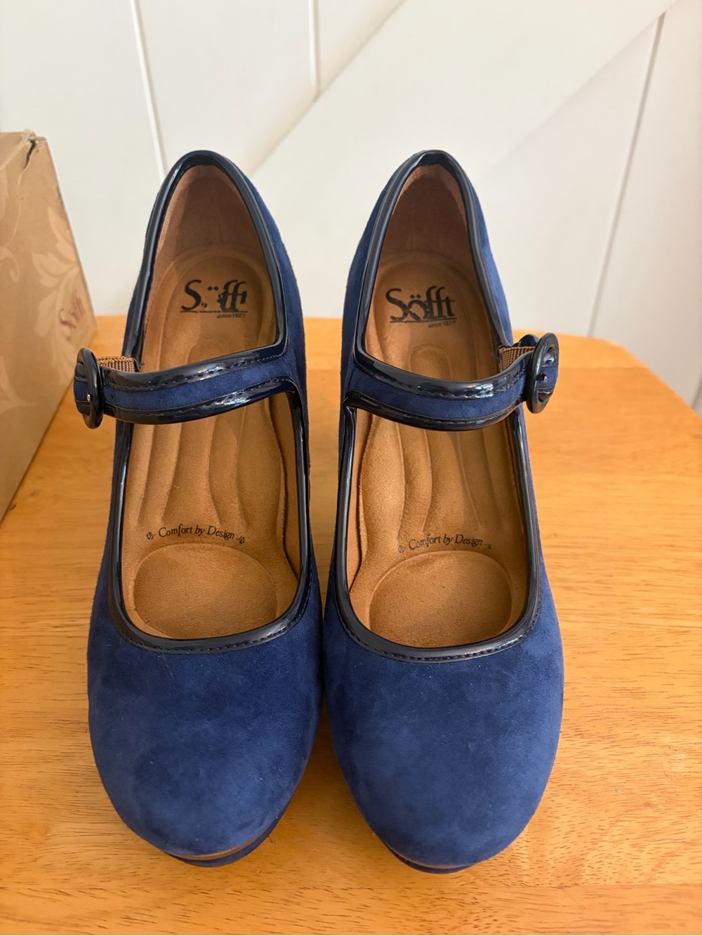 Blue Suede Shoes.  Mary Jane Heels with Patent Strap size 8